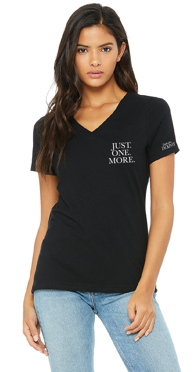 Ladies V-Neck T-Shirt- Just One More on Left Chest- Logo on Sleeve