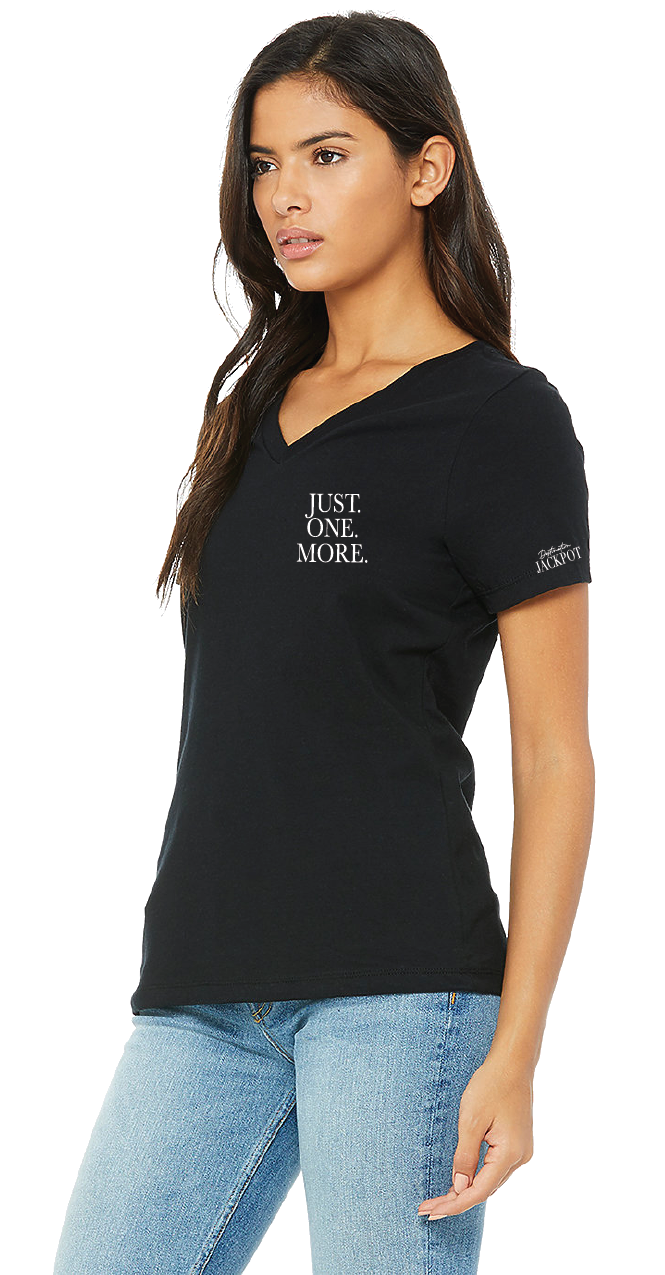 Ladies V-Neck T-Shirt- Just One More on Left Chest- Logo on Sleeve