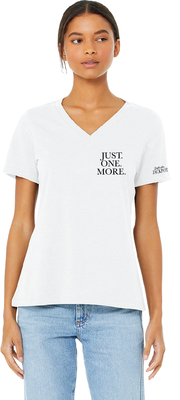 Ladies V-Neck T-Shirt- Just One More on Left Chest- Logo on Sleeve