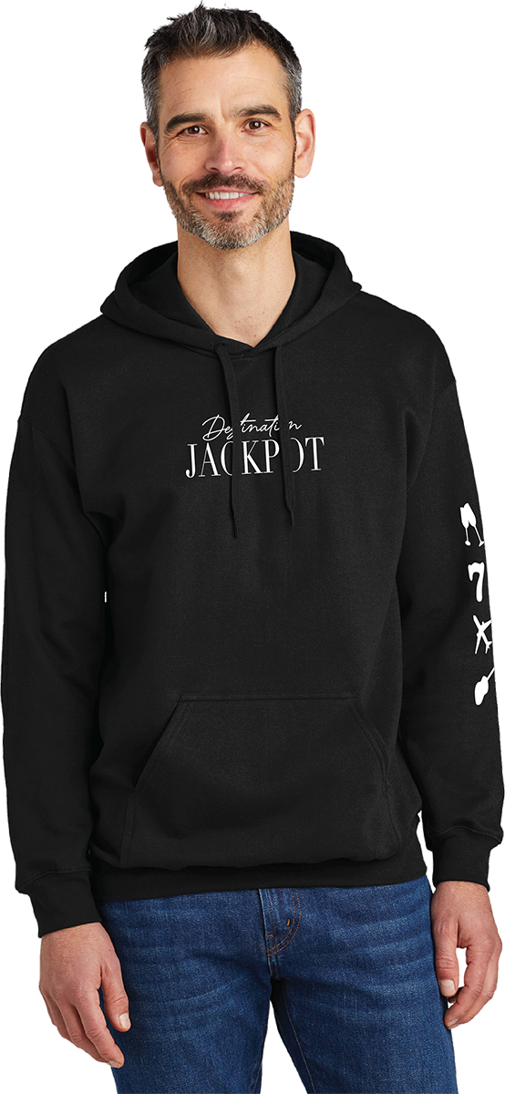 Unisex Hoodie- Just One More on hood- Emblems on Sleeve, DJ Text on Front