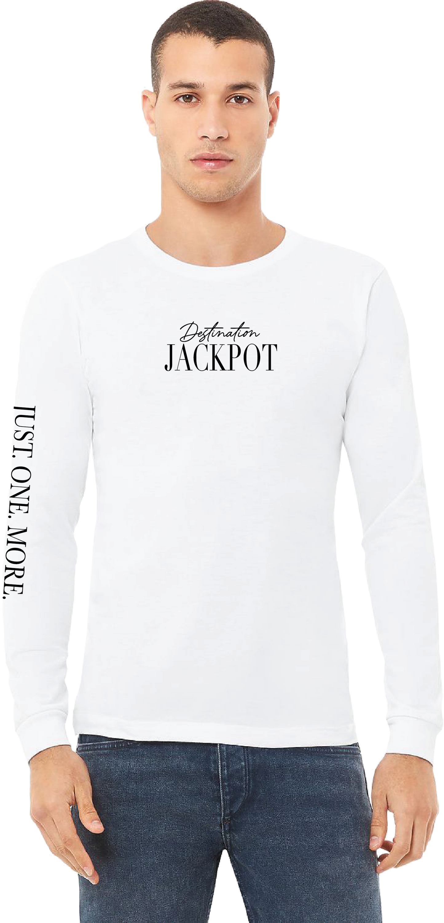 Unisex Long Sleeve DJ Logo Text Only Front-Just One More Down Sleeve