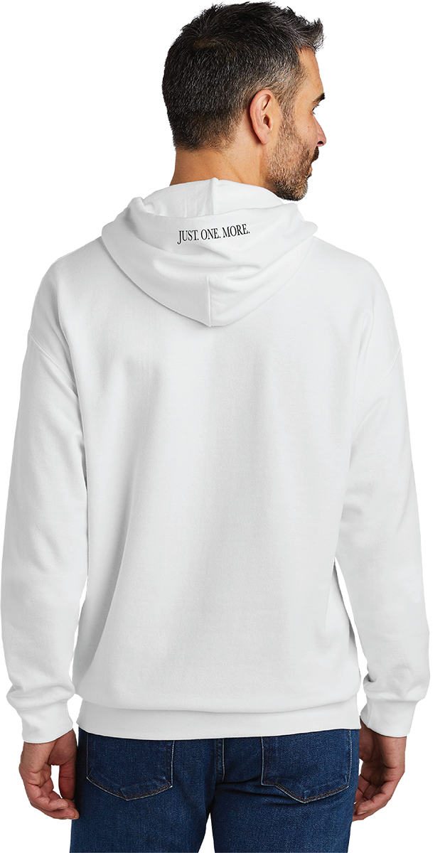 Unisex Hoodie- Just One More on hood- Emblems on Sleeve, DJ Text on Front
