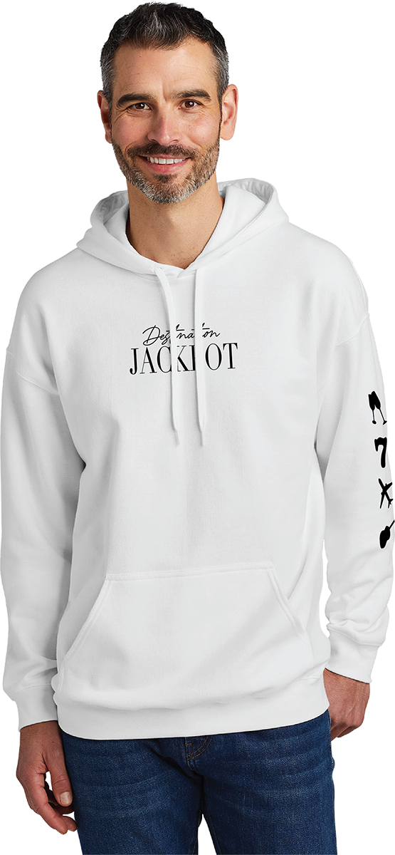 Unisex Hoodie- Just One More on hood- Emblems on Sleeve, DJ Text on Front
