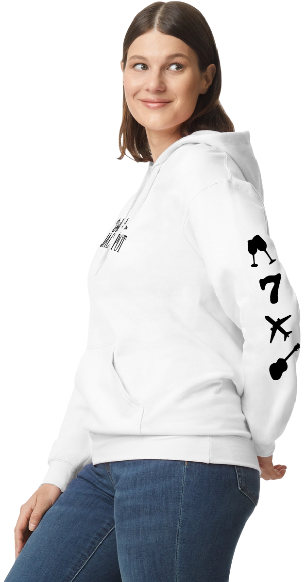 Unisex Hoodie- Just One More on hood- Emblems on Sleeve, DJ Text on Front