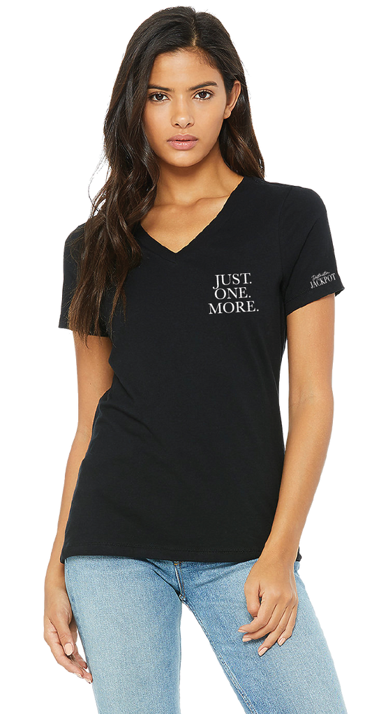 Ladies V-Neck T-Shirt- Just One More on Left Chest- Logo on Sleeve