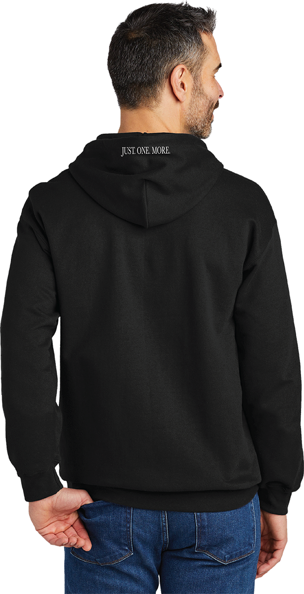 Unisex Hoodie- Just One More on hood- Emblems on Sleeve, DJ Text on Front