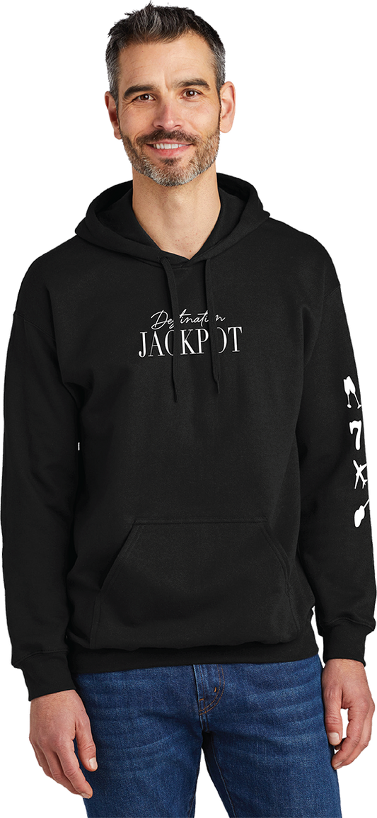 Unisex Hoodie- Just One More on hood- Emblems on Sleeve, DJ Text on Front